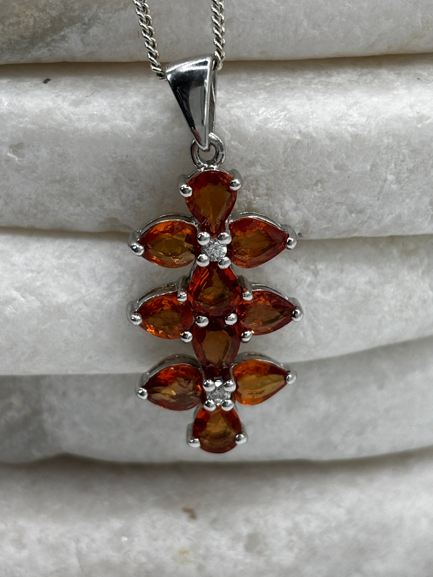 925 Sterling Silver Padparadscha Quartz Cluster Pendant on 45cm Chain