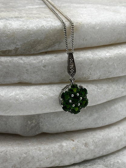 925 Sterling Silver Floral Chrome Diopside and White Zircon Cluster Pendant on 45cm chain