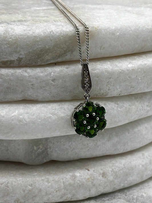 925 Sterling Silver Floral Chrome Diopside and White Zircon Cluster Pendant on 45cm chain