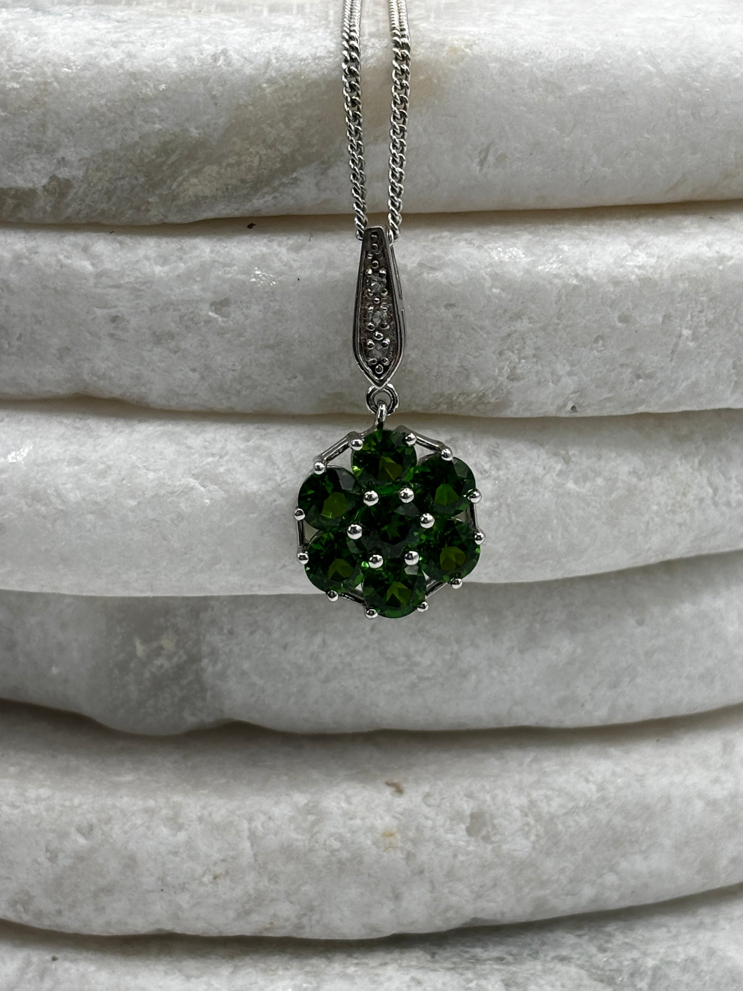 925 Sterling Silver Floral Chrome Diopside and White Zircon Cluster Pendant on 45cm chain