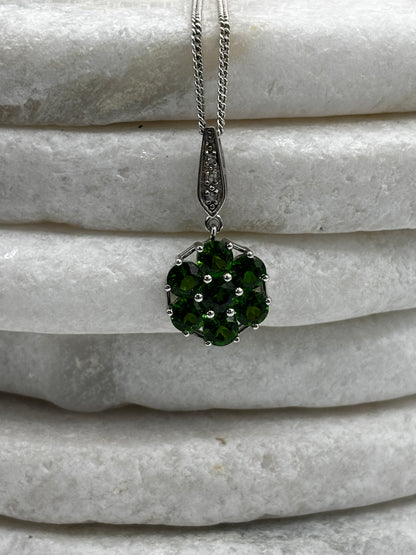 925 Sterling Silver Floral Chrome Diopside and White Zircon Cluster Pendant on 45cm chain