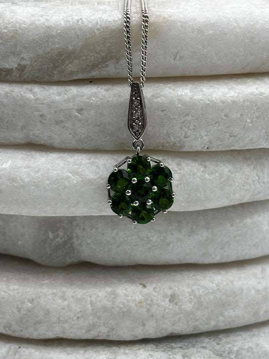 925 Sterling Silver Floral Chrome Diopside and White Zircon Cluster Pendant on 45cm chain