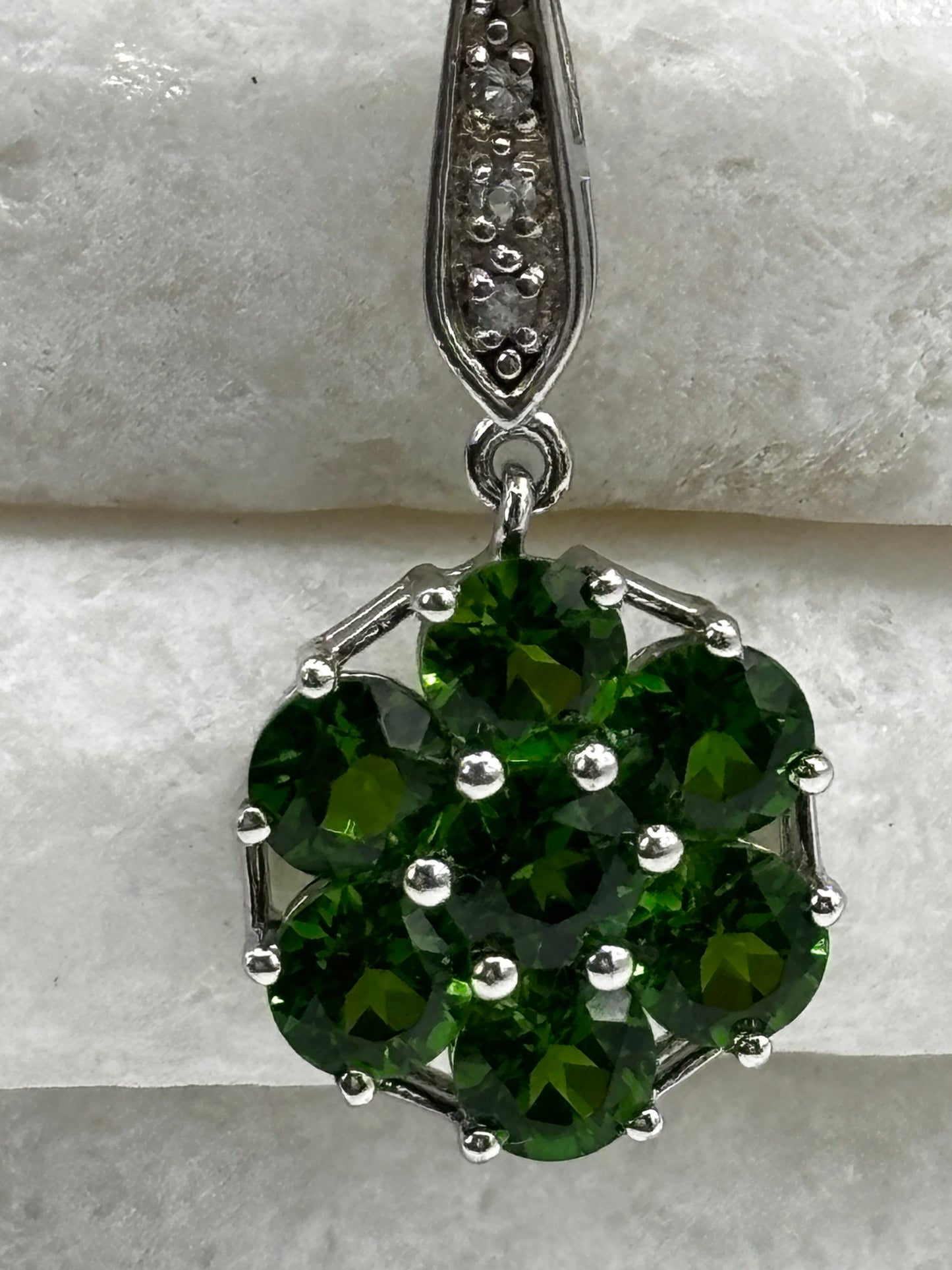 925 Sterling Silver Floral Chrome Diopside and White Zircon Cluster Pendant on 45cm chain