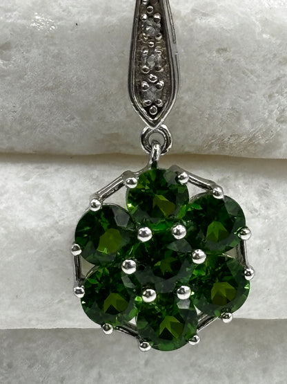 925 Sterling Silver Floral Chrome Diopside and White Zircon Cluster Pendant on 45cm chain