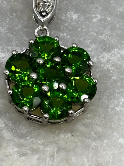 925 Sterling Silver Floral Chrome Diopside and White Zircon Cluster Pendant on 45cm chain