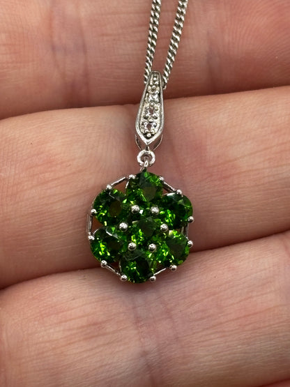 925 Sterling Silver Floral Chrome Diopside and White Zircon Cluster Pendant on 45cm chain