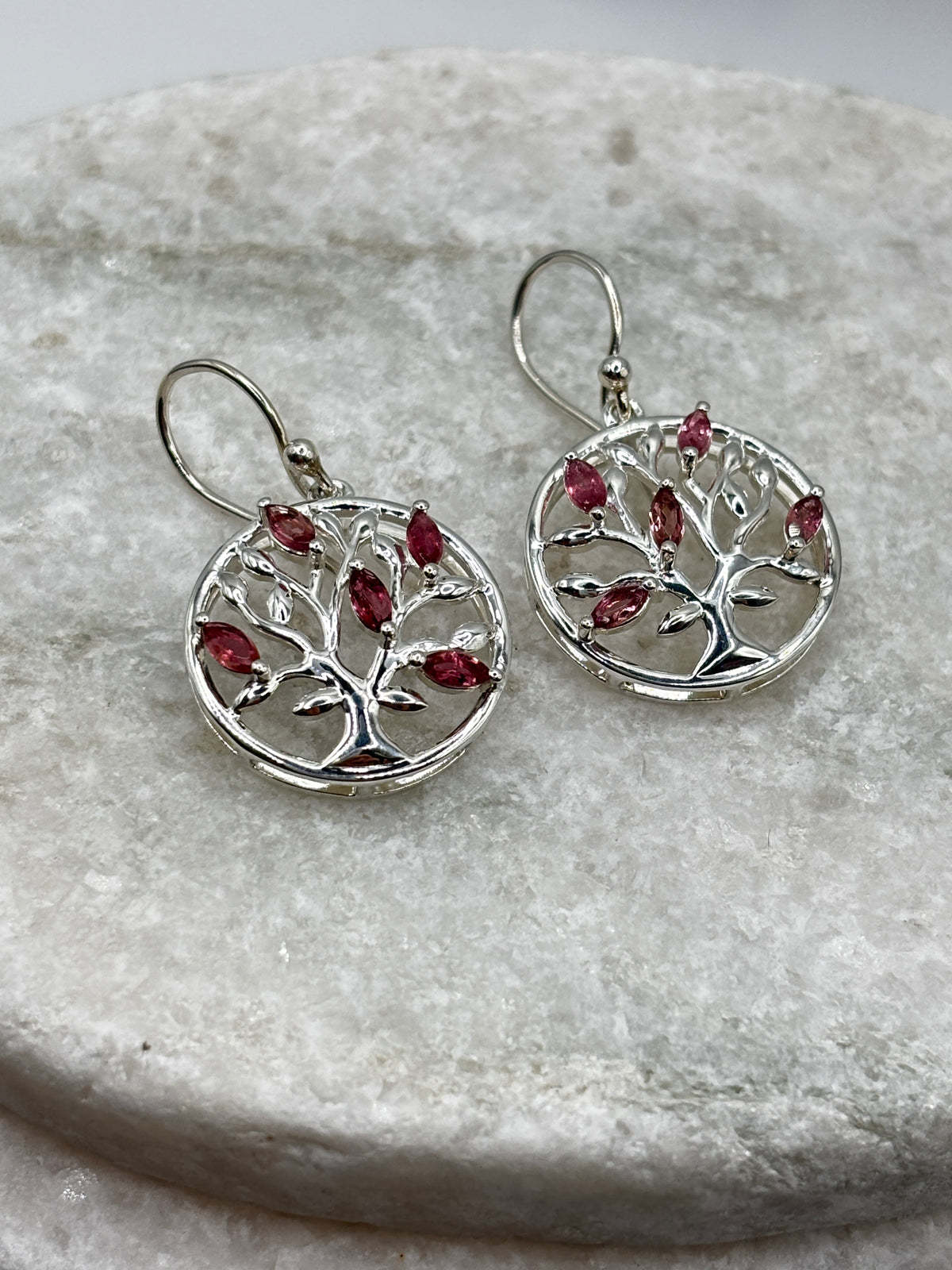 925 Sterling Silver Pink Tourmaline Tree of Life Earrings