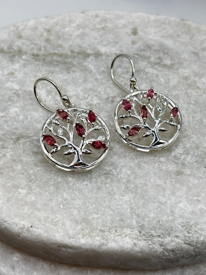 925 Sterling Silver Pink Tourmaline Tree of Life Earrings