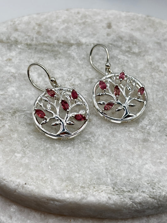 925 Sterling Silver Pink Tourmaline Tree of Life Earrings
