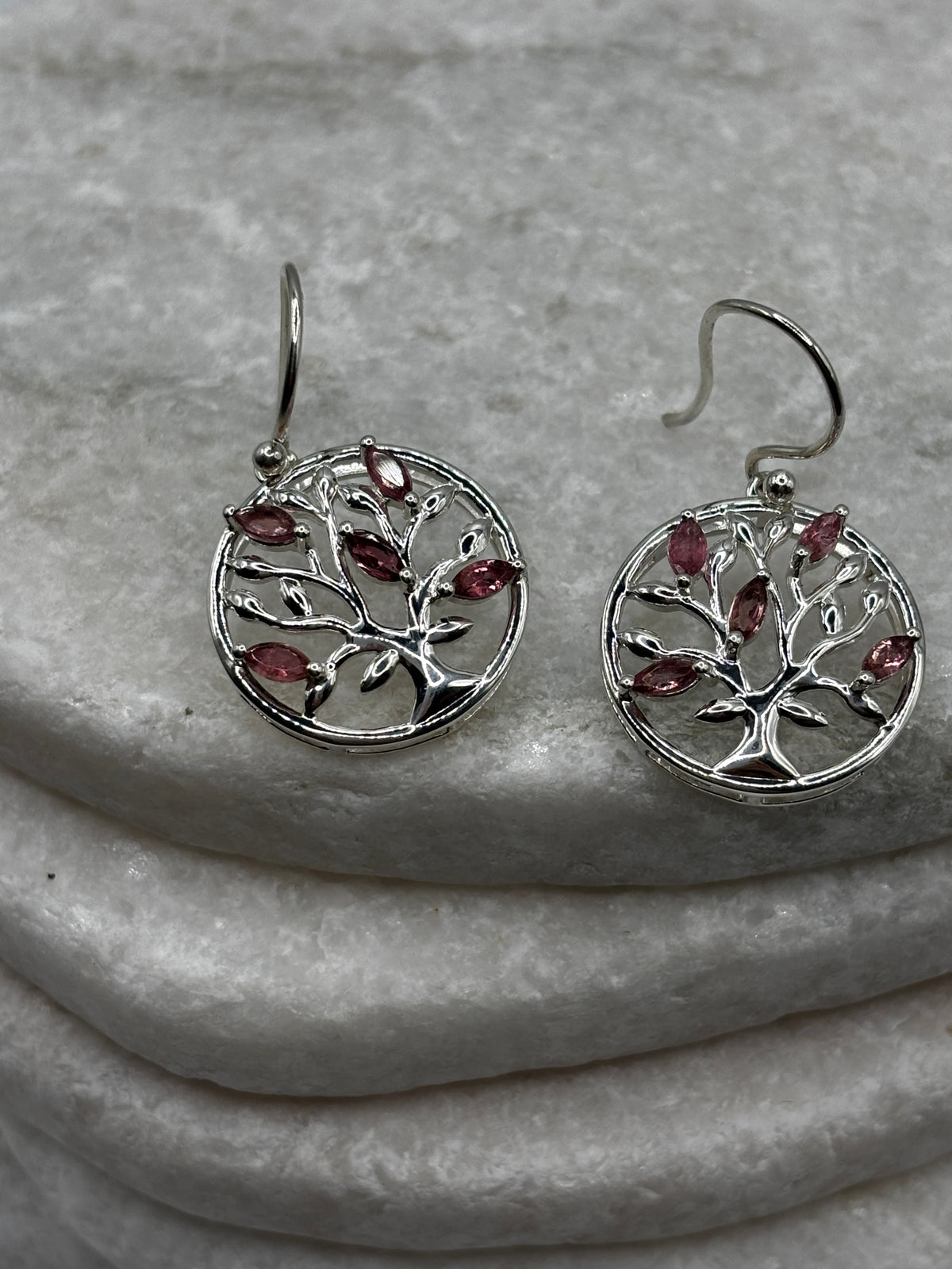 925 Sterling Silver Pink Tourmaline Tree of Life Earrings