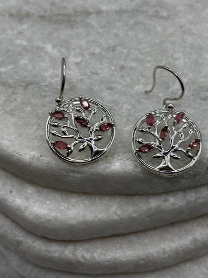 925 Sterling Silver Pink Tourmaline Tree of Life Earrings