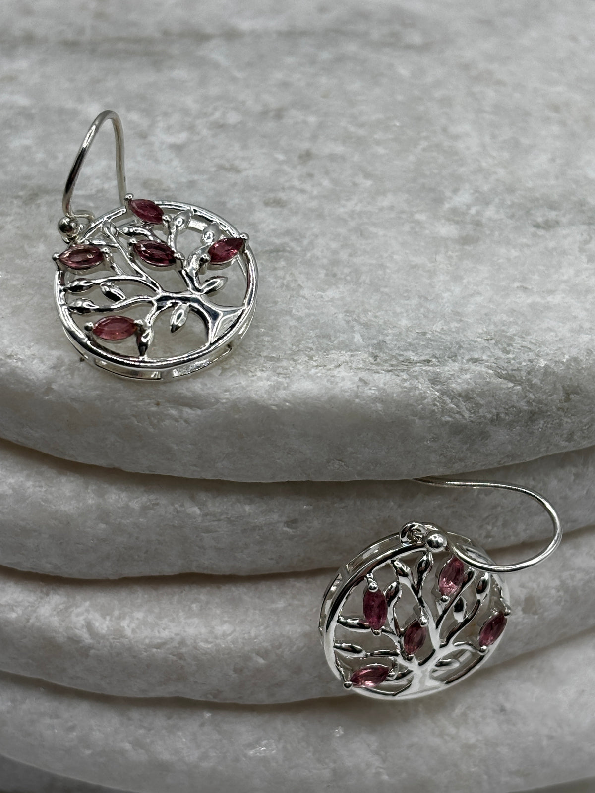 925 Sterling Silver Pink Tourmaline Tree of Life Earrings