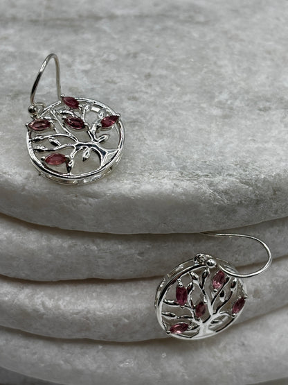 925 Sterling Silver Pink Tourmaline Tree of Life Earrings