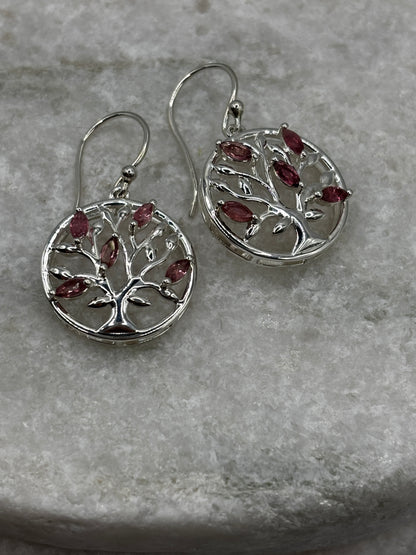 925 Sterling Silver Pink Tourmaline Tree of Life Earrings