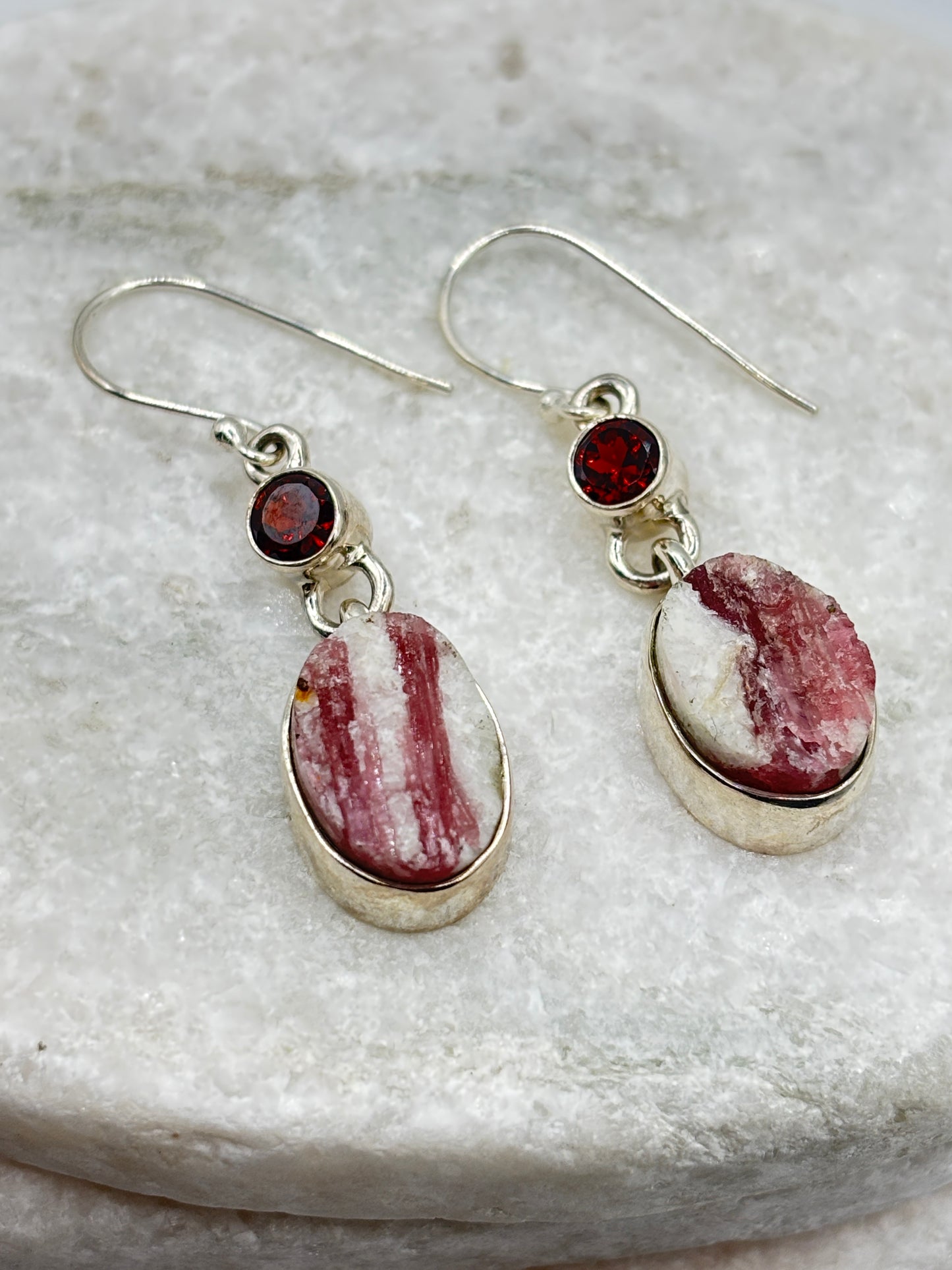 925 Sterling Silver Pink Tourmaline Drusy & Nampula Garnet Drop Earrings