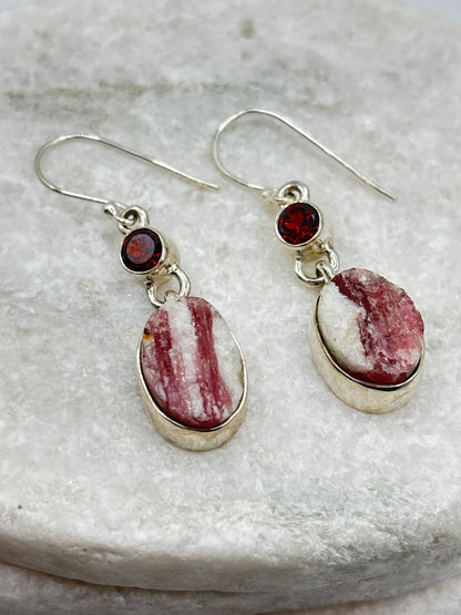 925 Sterling Silver Pink Tourmaline Drusy & Nampula Garnet Drop Earrings