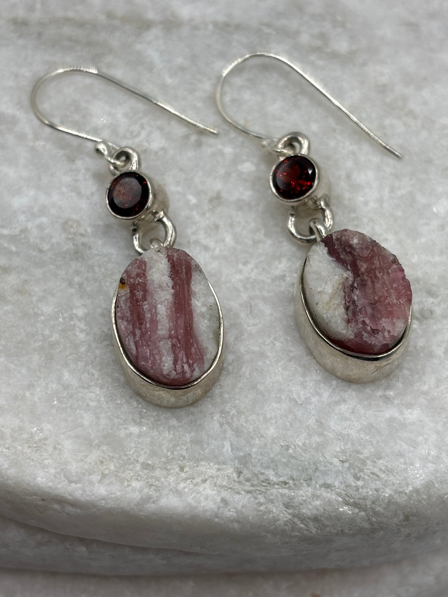 925 Sterling Silver Pink Tourmaline Drusy & Nampula Garnet Drop Earrings