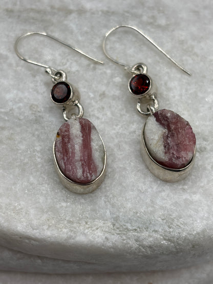 925 Sterling Silver Pink Tourmaline Drusy & Nampula Garnet Drop Earrings