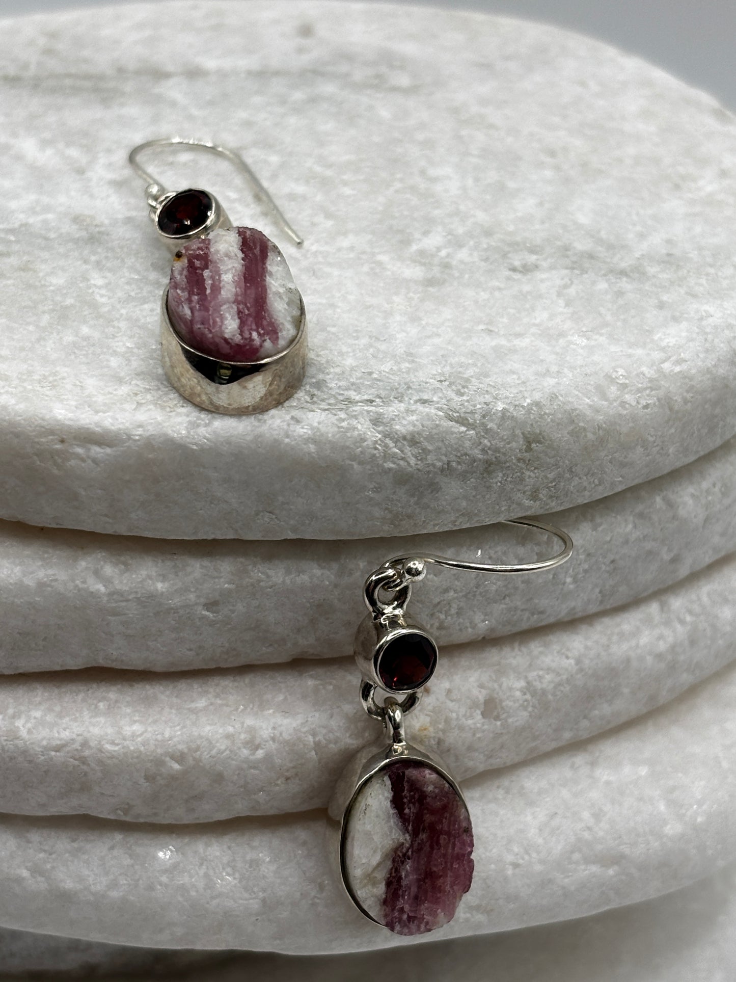925 Sterling Silver Pink Tourmaline Drusy & Nampula Garnet Drop Earrings