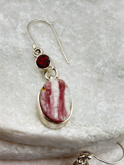 925 Sterling Silver Pink Tourmaline Drusy & Nampula Garnet Drop Earrings