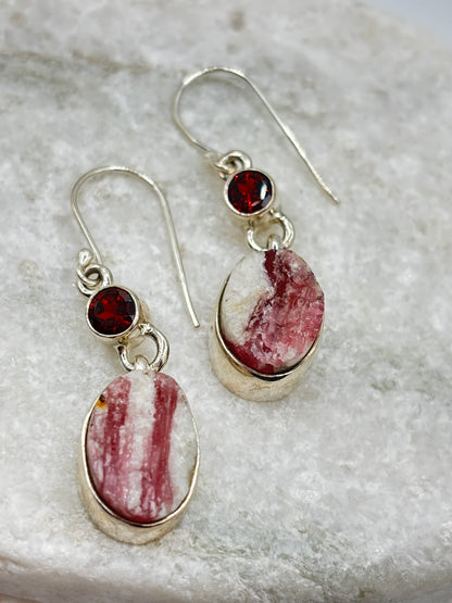 925 Sterling Silver Pink Tourmaline Drusy & Nampula Garnet Drop Earrings