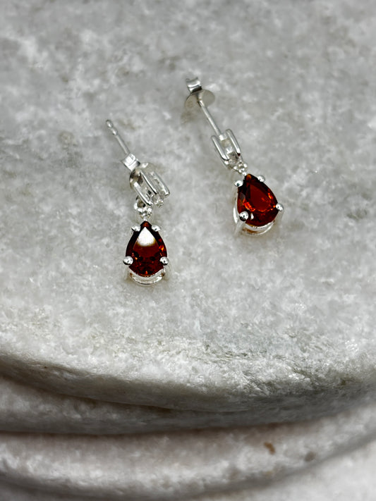 925 Sterling Silver Mandarin Garnet & White Zircon Drop Earrings