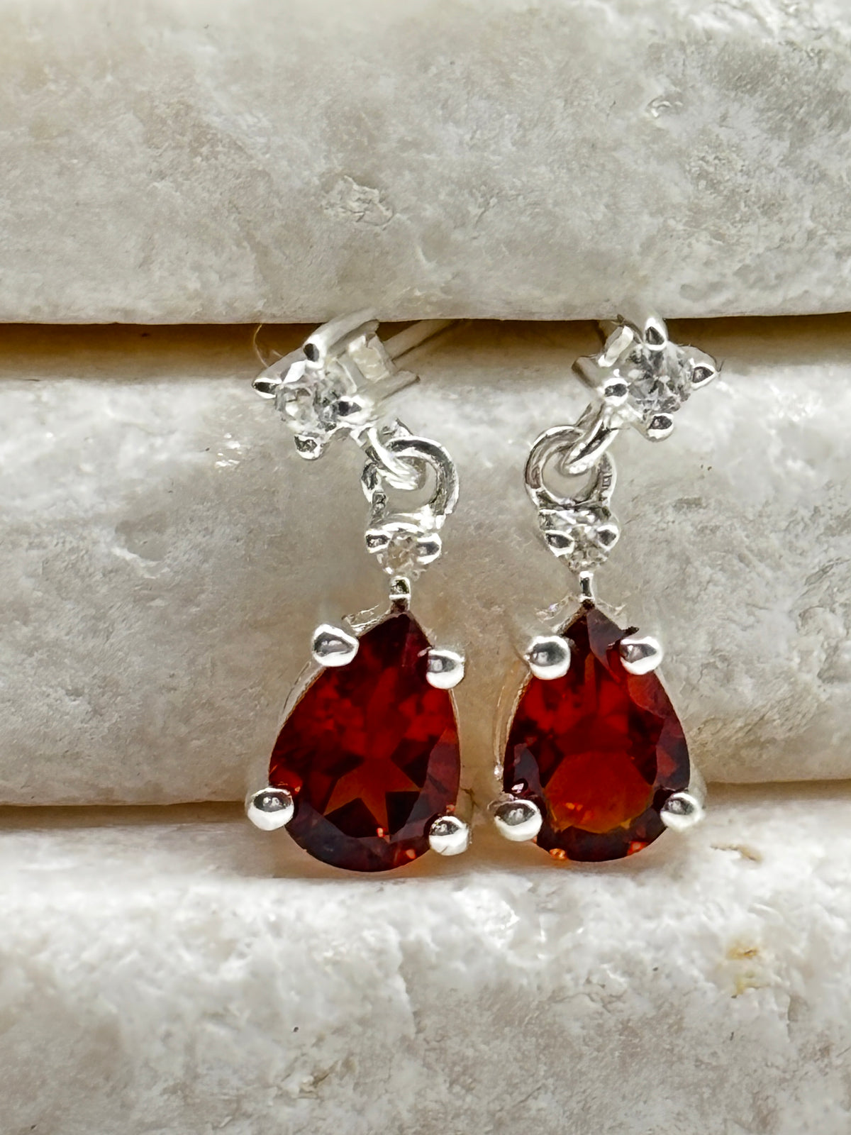 925 Sterling Silver Mandarin Garnet & White Zircon Drop Earrings