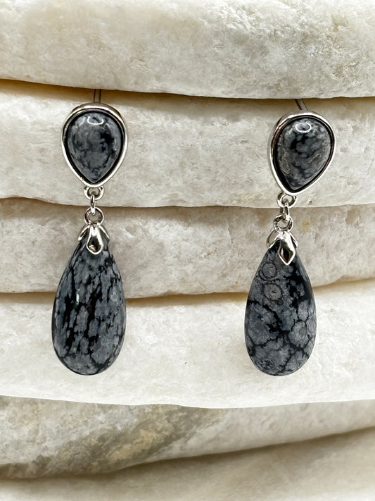 925 Sterling Silver Snowflake Obsidian Drop Earrings