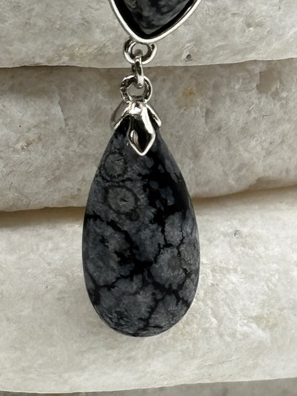 925 Sterling Silver Snowflake Obsidian Drop Earrings