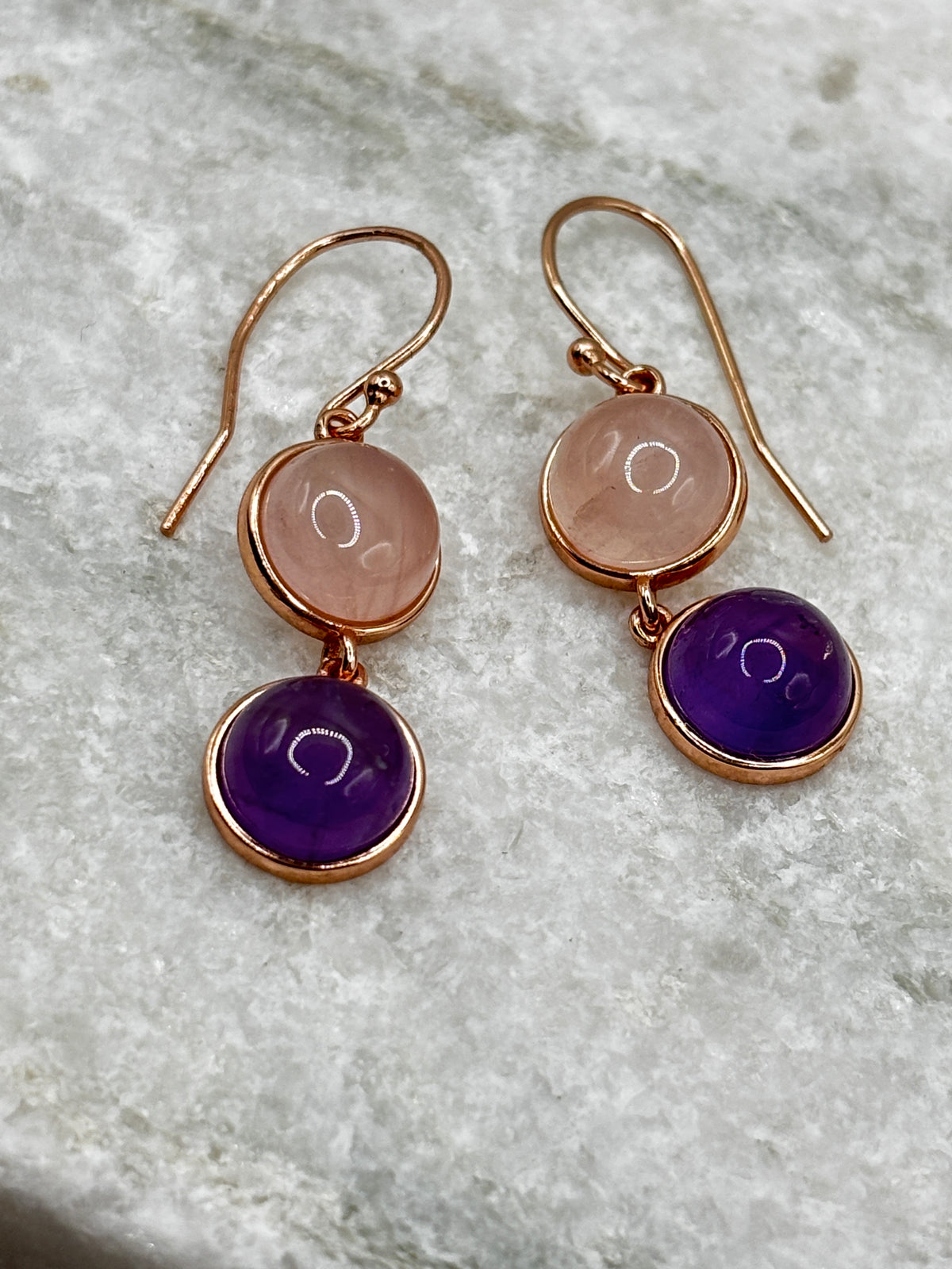 925 Sterling Silver Rose Gold Gilded Rose Quartz and Amethyst Drop Earrings