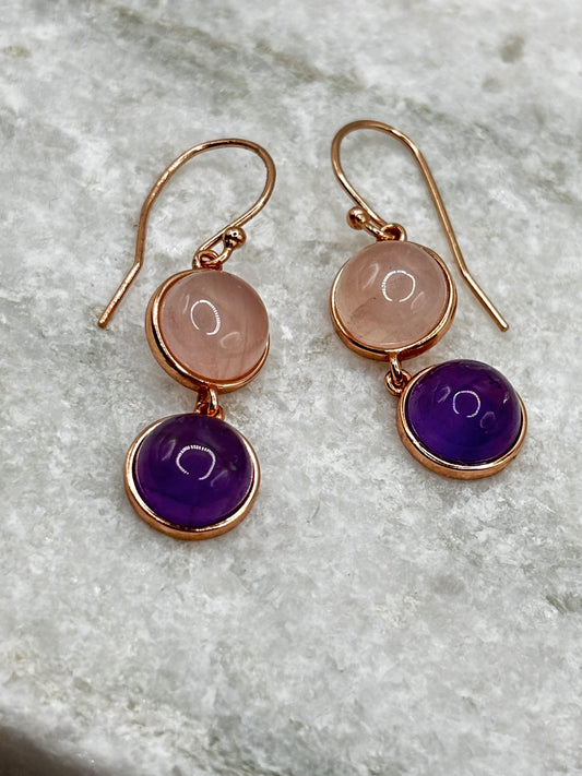925 Sterling Silver Rose Gold Gilded Rose Quartz and Amethyst Drop Earrings