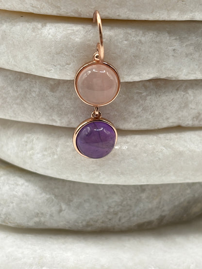 925 Sterling Silver Rose Gold Gilded Rose Quartz and Amethyst Drop Earrings