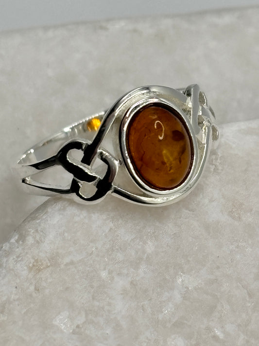 Handcrafted 925 Sterling Silver Amber Love knot Heart Celtic Ring
