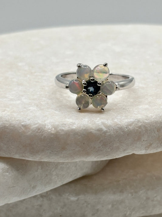 Handcrafted 925 Sterling Silver Flower Ring with London Blue Topaz and Ethiopian Opals