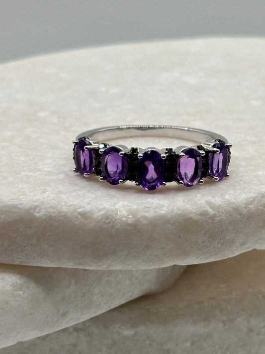 Handcrafted Amethyst and Black Spinel Five Stone Half Eternity Ring