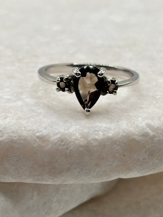 Handcrafted 925 Sterling Silver Smoky Quartz Teardrop Trilogy Ring