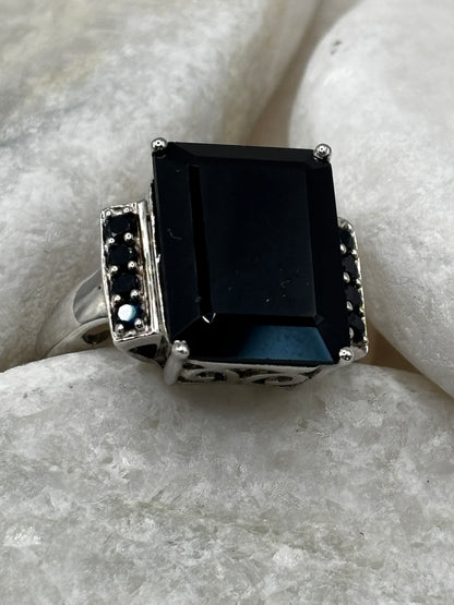 925 Sterling Silver Black Spinel Statement Ring Size O