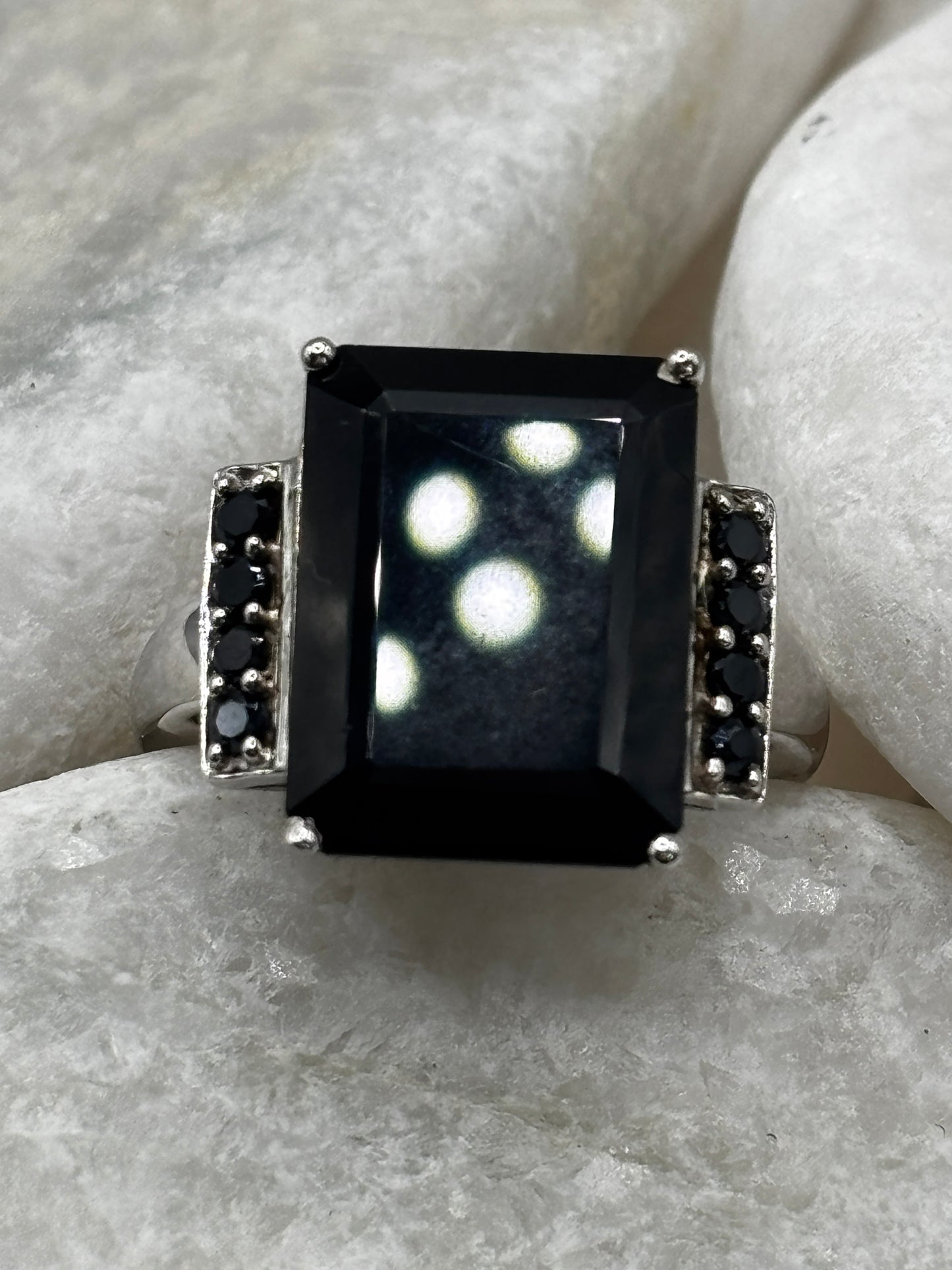 925 Sterling Silver Black Spinel Statement Ring Size O
