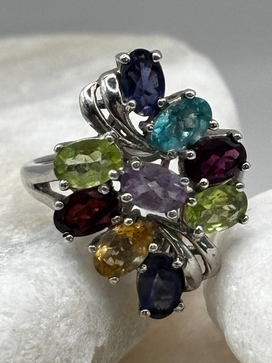925 Sterling Silver Multigem Cluster Ring with Tanzanite, Topaz, Amethyst, Citrine, peridot and Garnet Size O