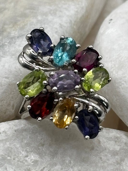 925 Sterling Silver Multigem Cluster Ring with Tanzanite, Topaz, Amethyst, Citrine, peridot and Garnet Size O