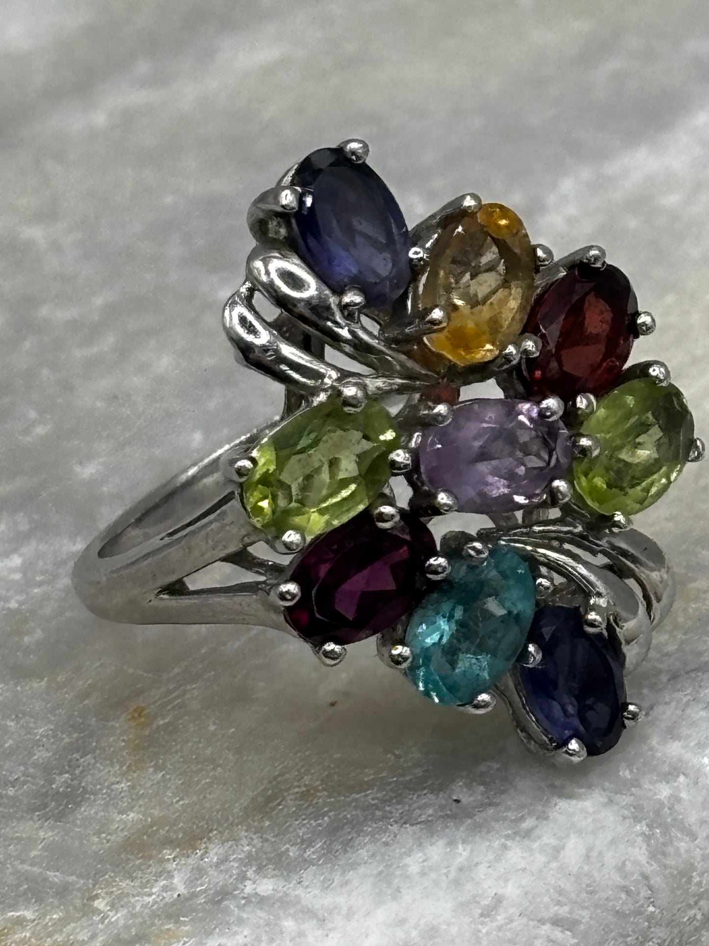925 Sterling Silver Multigem Cluster Ring with Tanzanite, Topaz, Amethyst, Citrine, peridot and Garnet Size O