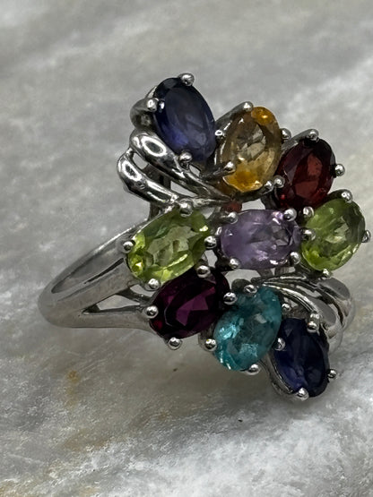 925 Sterling Silver Multigem Cluster Ring with Tanzanite, Topaz, Amethyst, Citrine, peridot and Garnet Size O