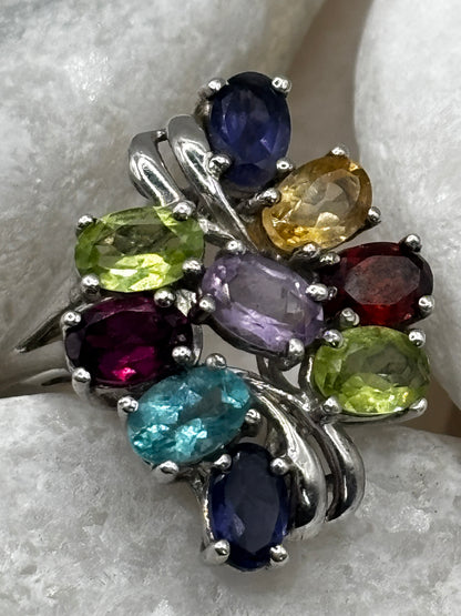 925 Sterling Silver Multigem Cluster Ring with Tanzanite, Topaz, Amethyst, Citrine, peridot and Garnet Size O