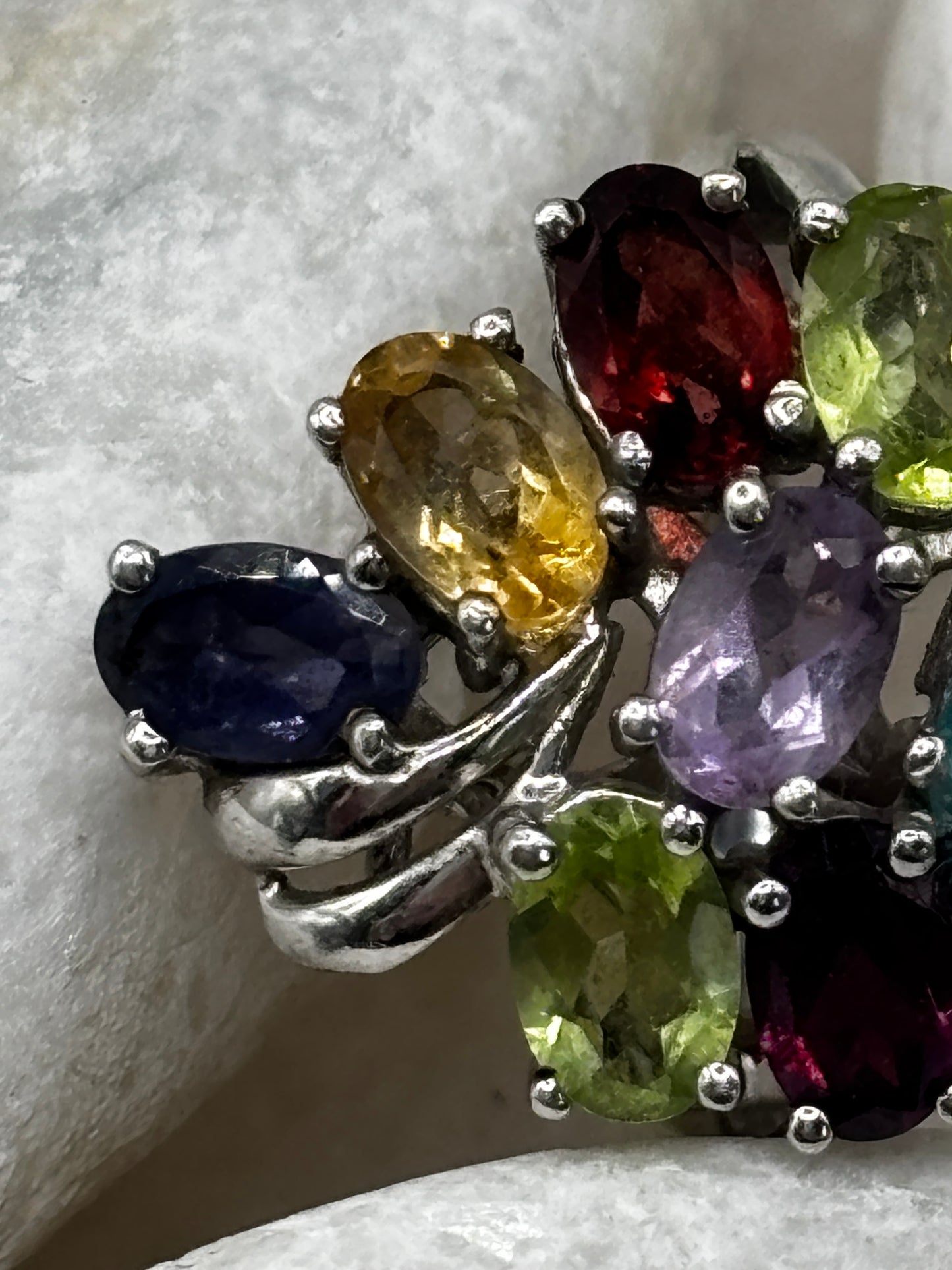 925 Sterling Silver Multigem Cluster Ring with Tanzanite, Topaz, Amethyst, Citrine, peridot and Garnet Size O