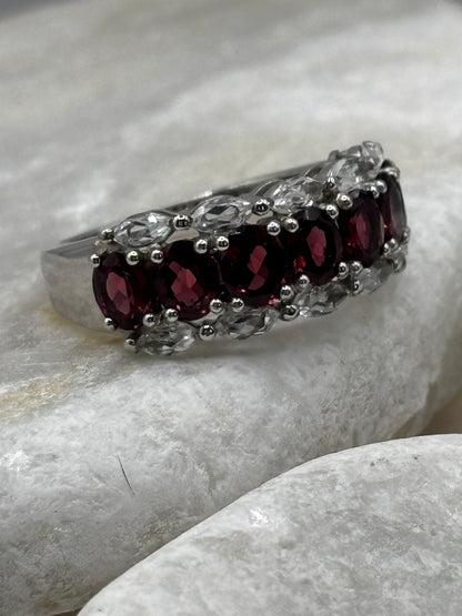 925 Sterling Silver Ruby and White Topaz Half Eternity Ring Size R
