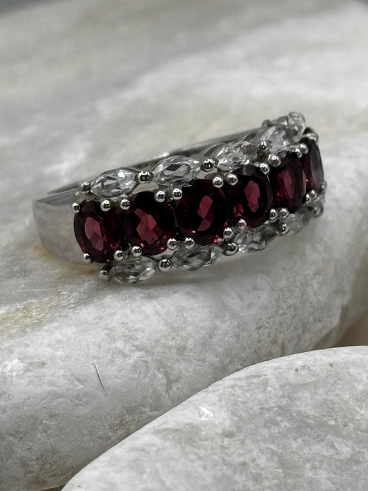 925 Sterling Silver Ruby and White Topaz Half Eternity Ring Size R