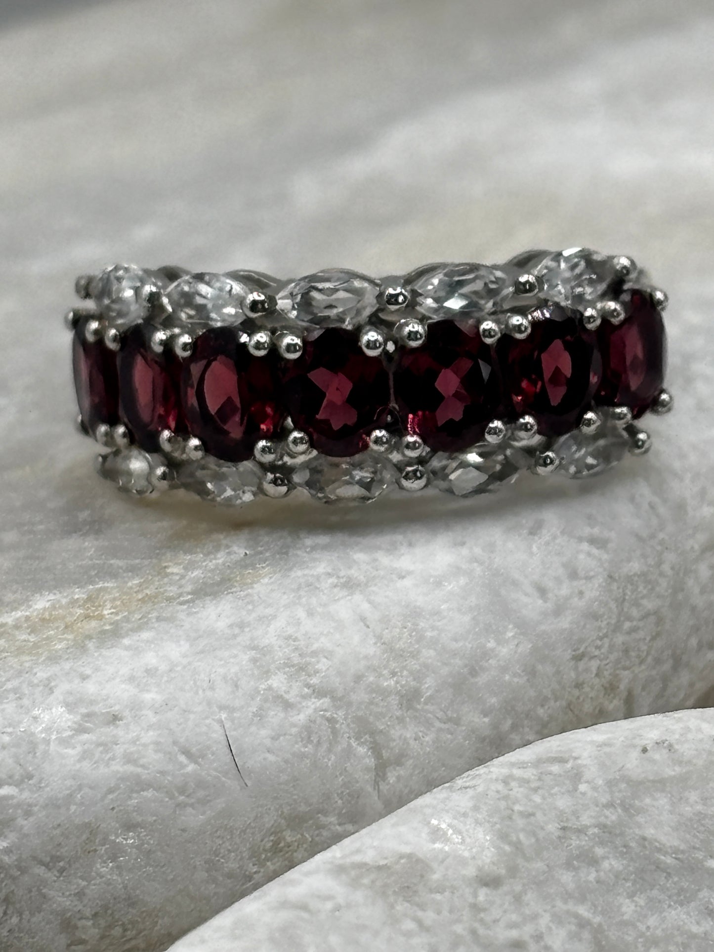 925 Sterling Silver Ruby and White Topaz Half Eternity Ring Size R