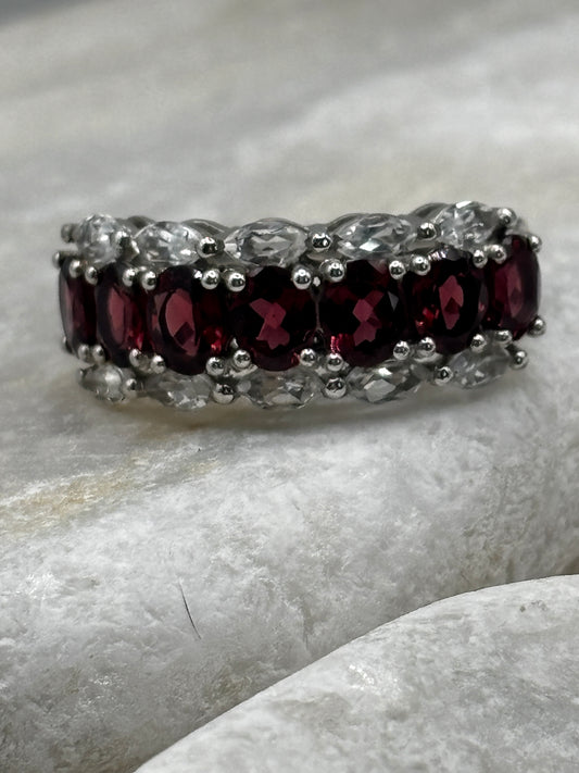 925 Sterling Silver Ruby and White Topaz Half Eternity Ring Size R