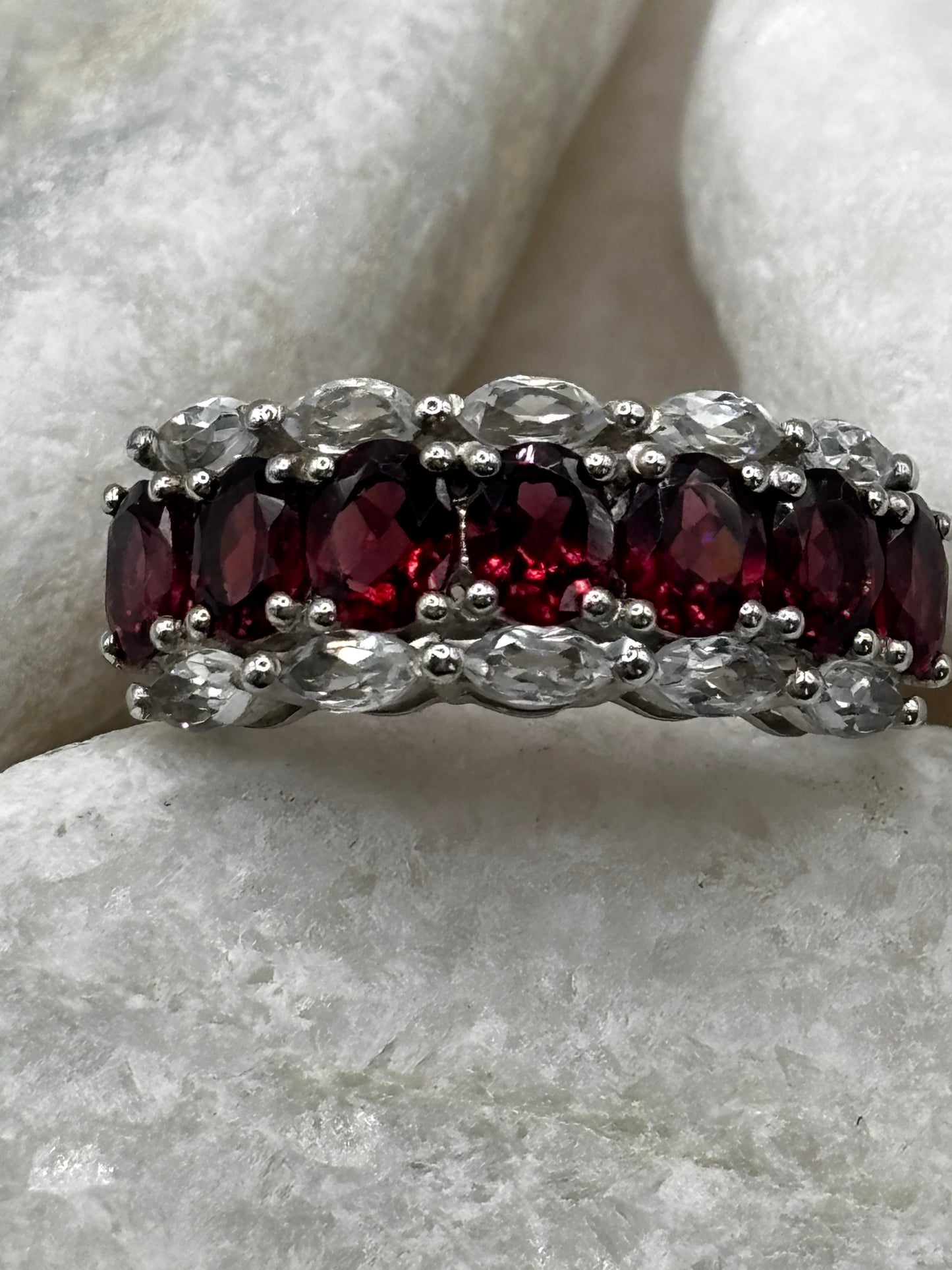 925 Sterling Silver Ruby and White Topaz Half Eternity Ring Size R