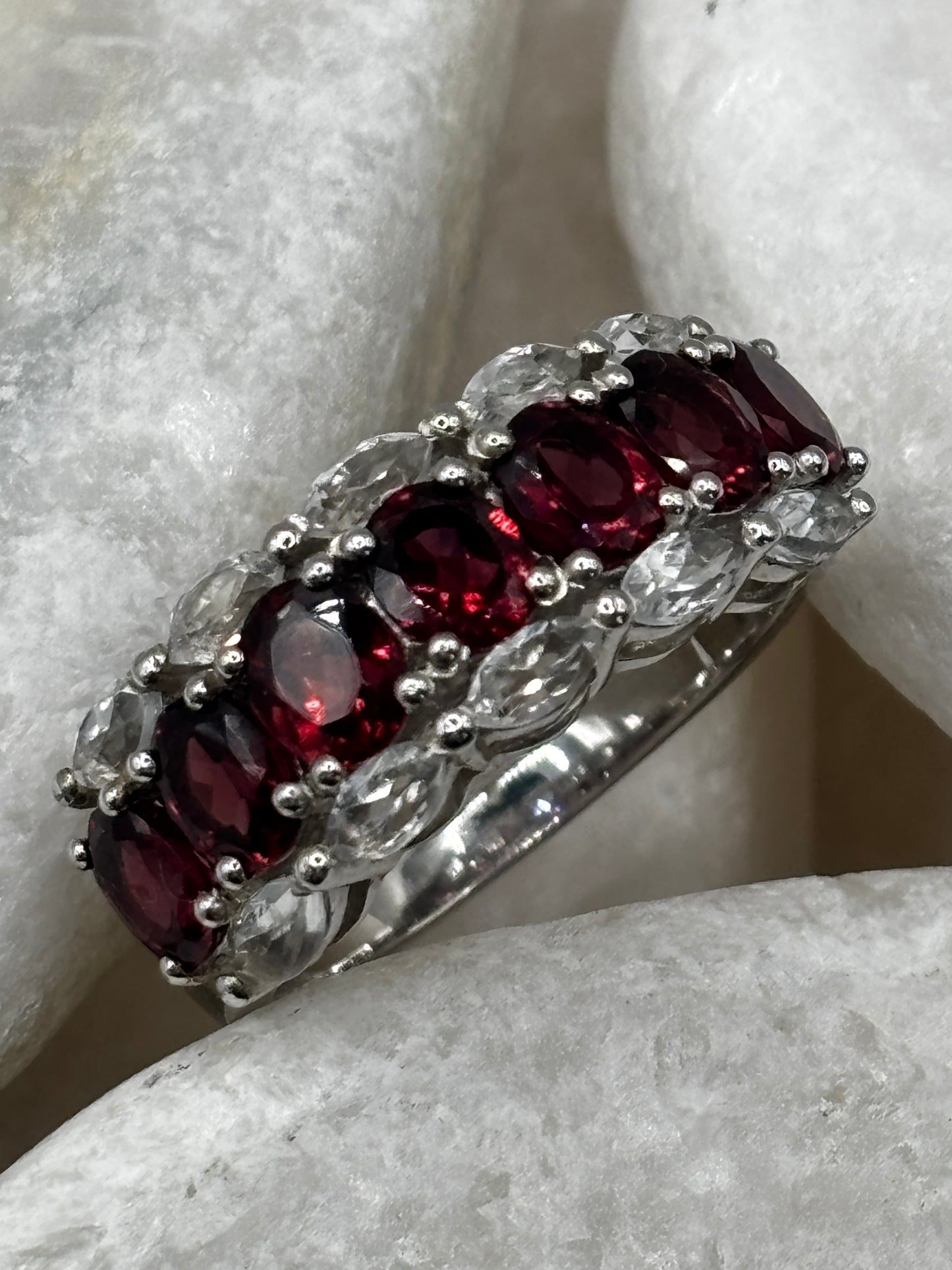 925 Sterling Silver Ruby and White Topaz Half Eternity Ring Size R